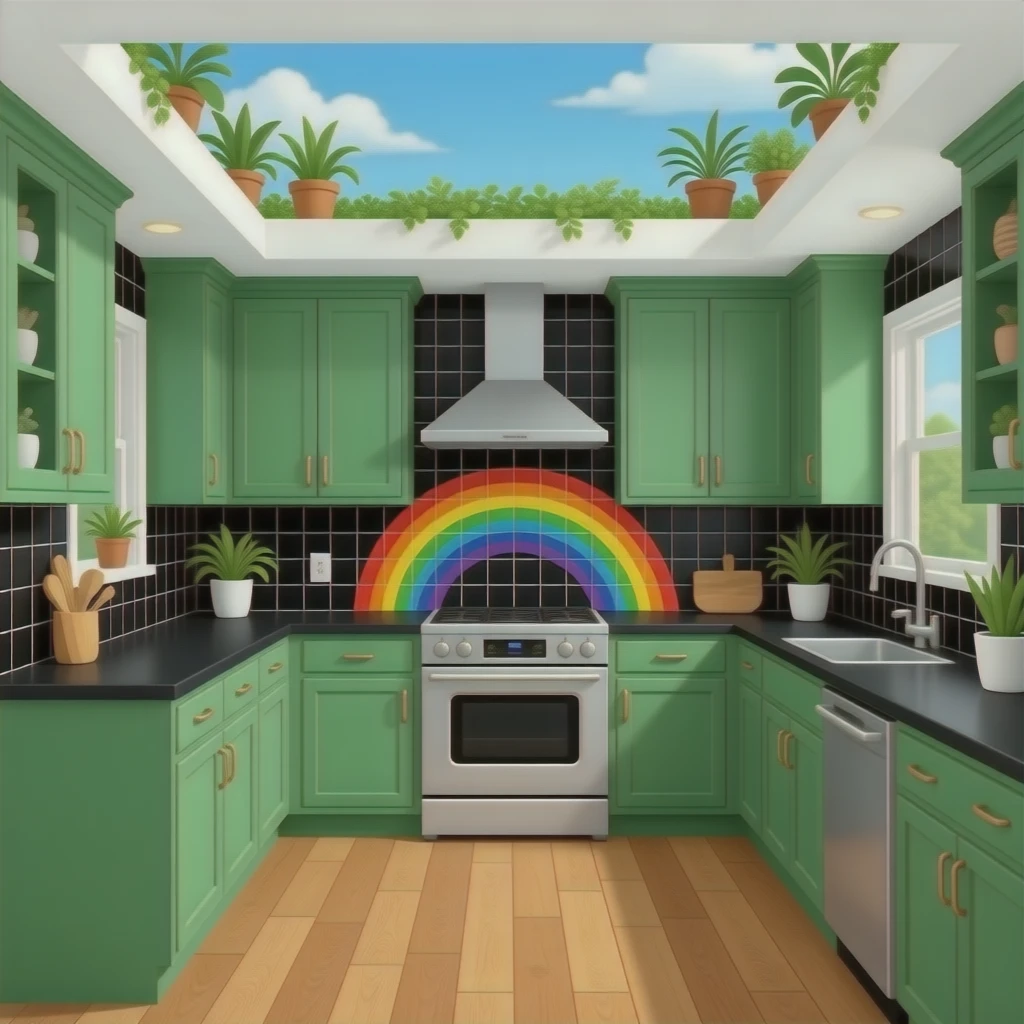 fancy kitchen with black and rainbow wall tiles, kelly Green cabinets, black countertops, wood floors and decorative plants on the ceiling emoji