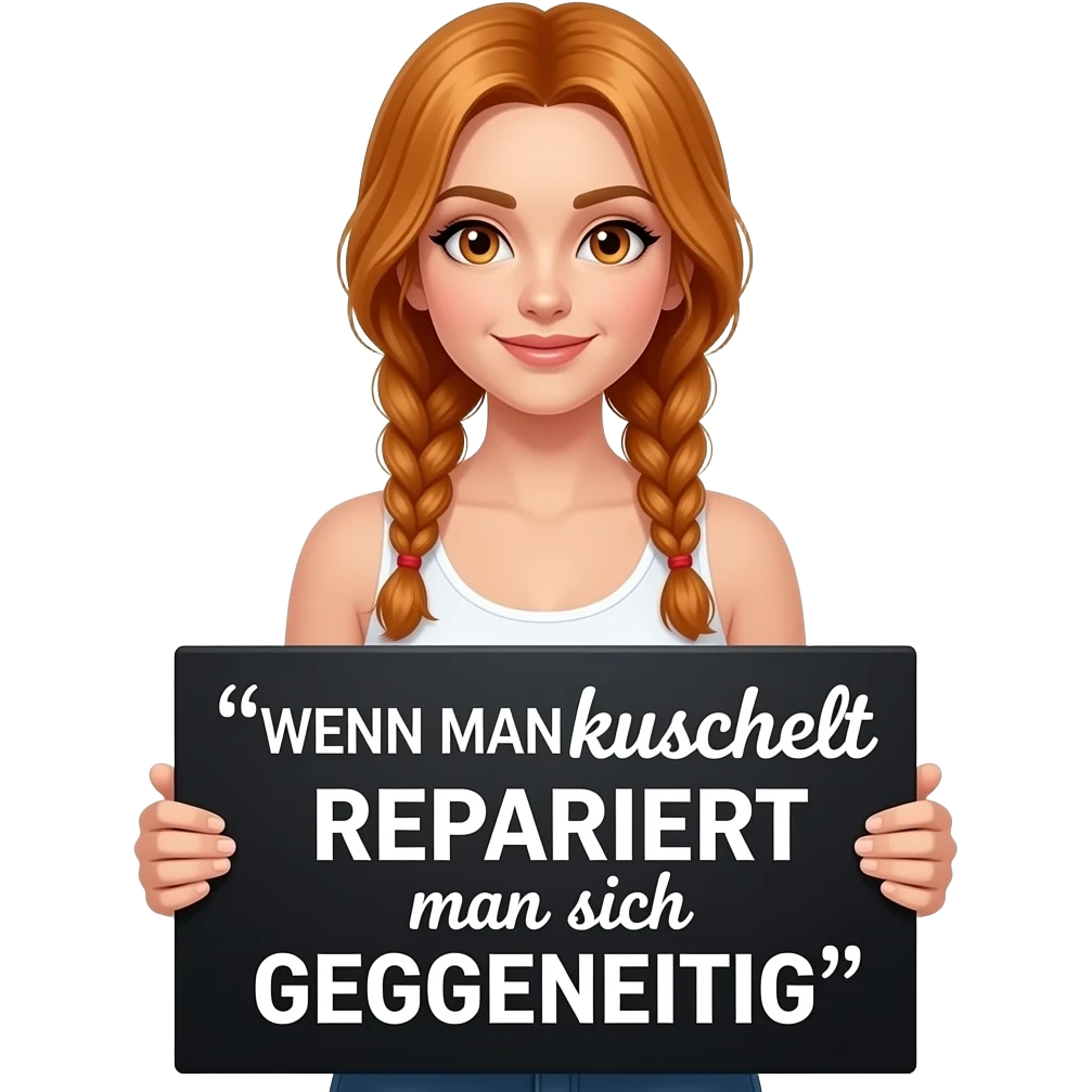 sexy girl with long ginger braids and ginger eyes wearing a white tanktop is holding a big black sign with WENN MAN kuschelt REPARIERT man sich GEGENSEITIG written on it emoji