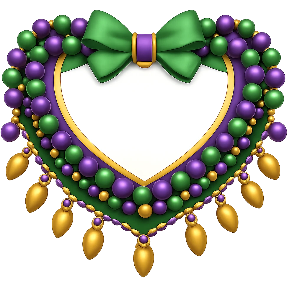 Add Mardi Gras beads to the simple collar while keeping the basic purple, green, and gold ruffles. The style should resemble emoji style with a transparent background. emoji