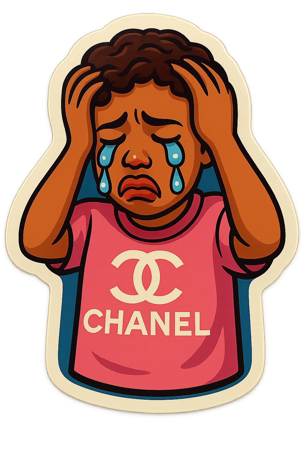 Crying Tears rolling down face 
Mouth Pout
hands on head 
pink chanel shirt 
head down
 emoji