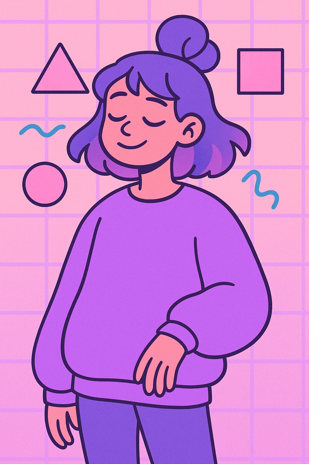vaporwave chill girl, oversized sweater, geometric shapes, purple and pink tones, relaxed expression emoji