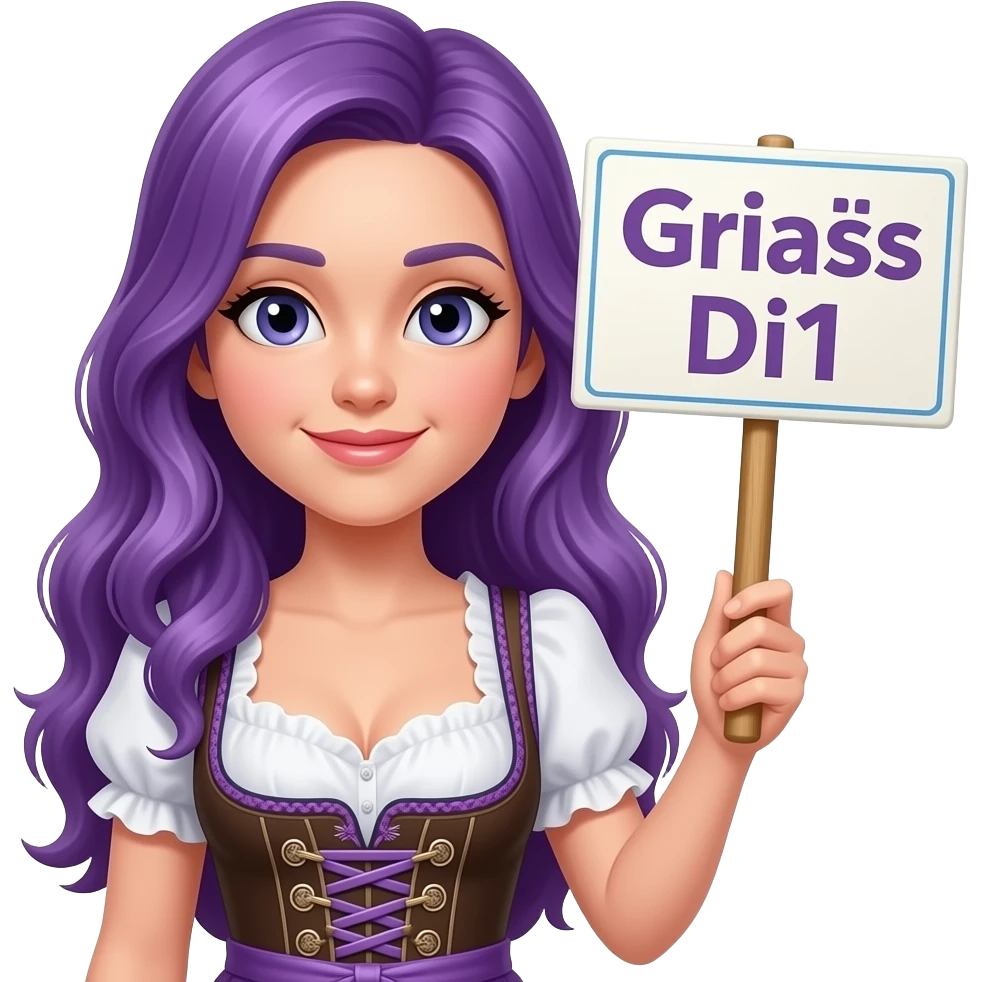 girl with long purple hair wearing a dirndl holding a Griaß Di1 sign emoji