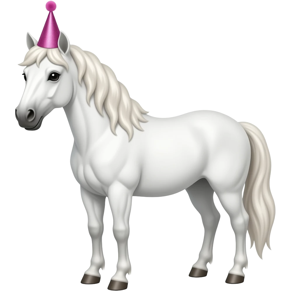 horse with half body front view white horse wear pink party hat front view with half body close up emoji