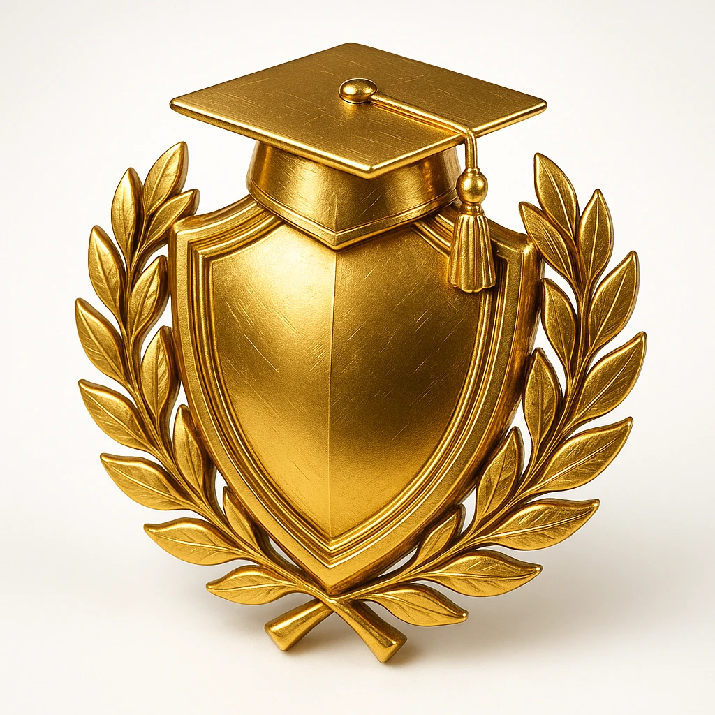 golden shield with laurel wreaths and a graduation cap, symbolizing a top-tier school distinction emoji