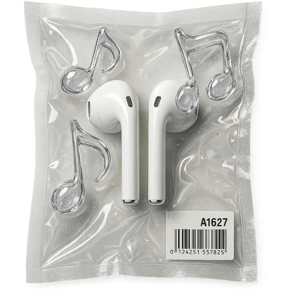 pair of white EarPods with three floating glass music notes in transparent crystal style, shiny and puffy emoji