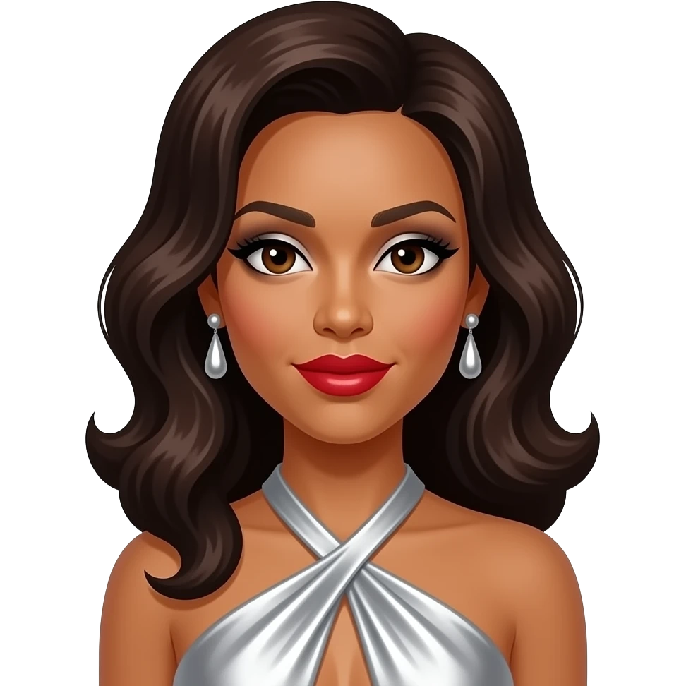 Kelly Rowland with dark brown eyes, long dark brown 60s beehive hair, silver eyeshadow, red lipstick, silver metallic halter dress, silver earrings emoji
