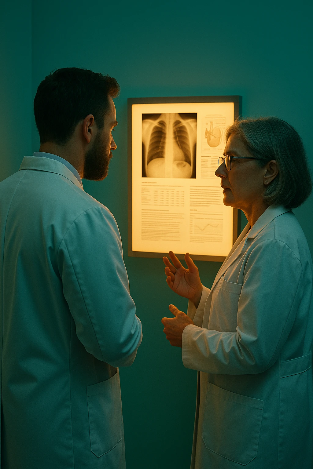Realistic, detailed photo taken from behind of two doctors—a bearded man and a middle-aged woman—standing and facing each other as they discuss a diagnosis in front of a medical chart. The scene is illuminated by a yellowish, orange, warm light that softly envelops the doctors. The entire room is bathed in a single green-blue color, creating a cohesive and modern atmosphere. Both doctors wear white coats, and their body language suggests a serious, professional conversation. Shot with a Canon EOS R5, with high detail and natural depth of field. emoji