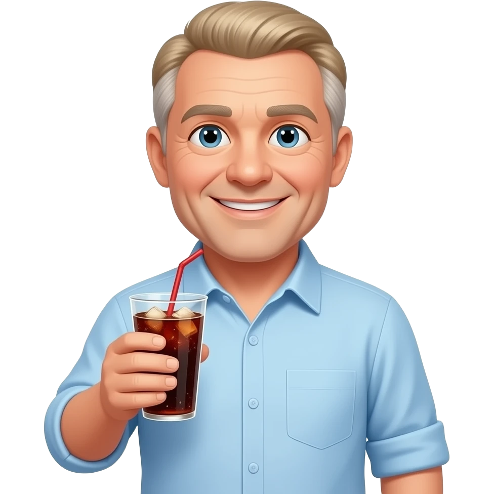 show me a rough looking pale white man smiling -with a round face- in his 50s in a light blue button down shirt-- clean shaven -with blond salt and pepper hair holding a cup of soda emoji