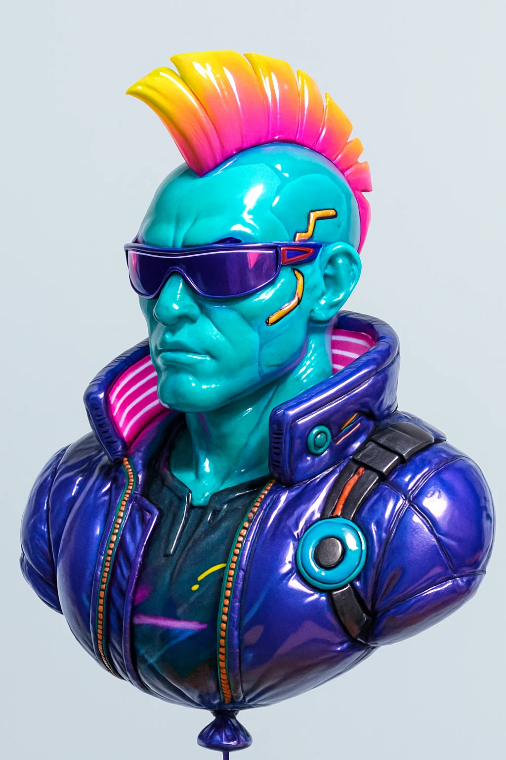 cyberpunk 2077 character, shiny surface, neon mohawk, tech accessories emoji