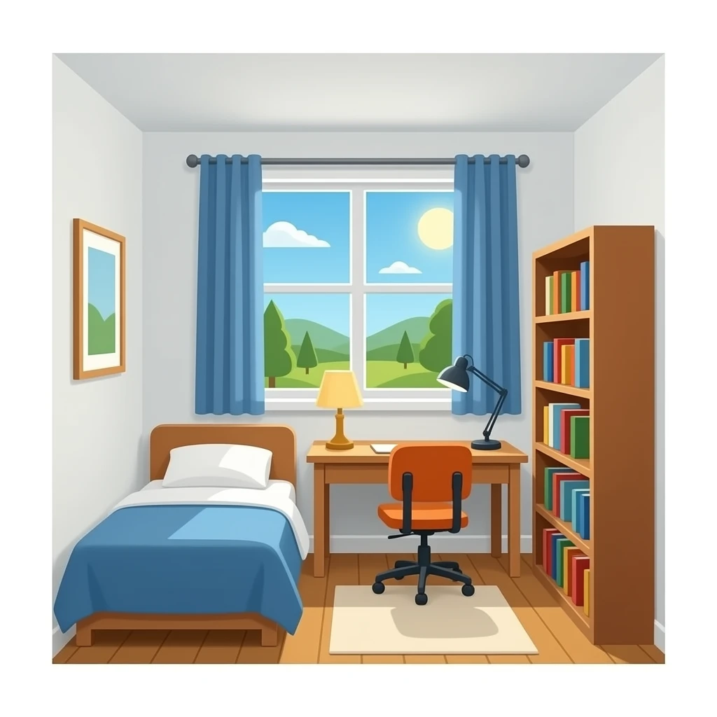 dentro de la habitacion con cama, escritorio... de dia emoji