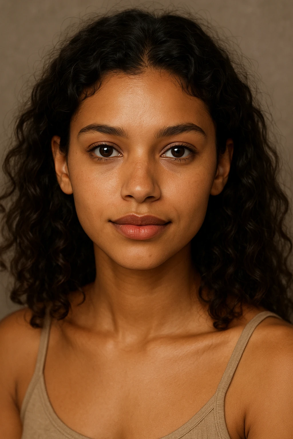 pretty girl with tan skin, dark medium-length brown curly hair, dark brown eyes, thin eyebrows, medium-sized full lips with a heart-shaped cupid's bow emoji