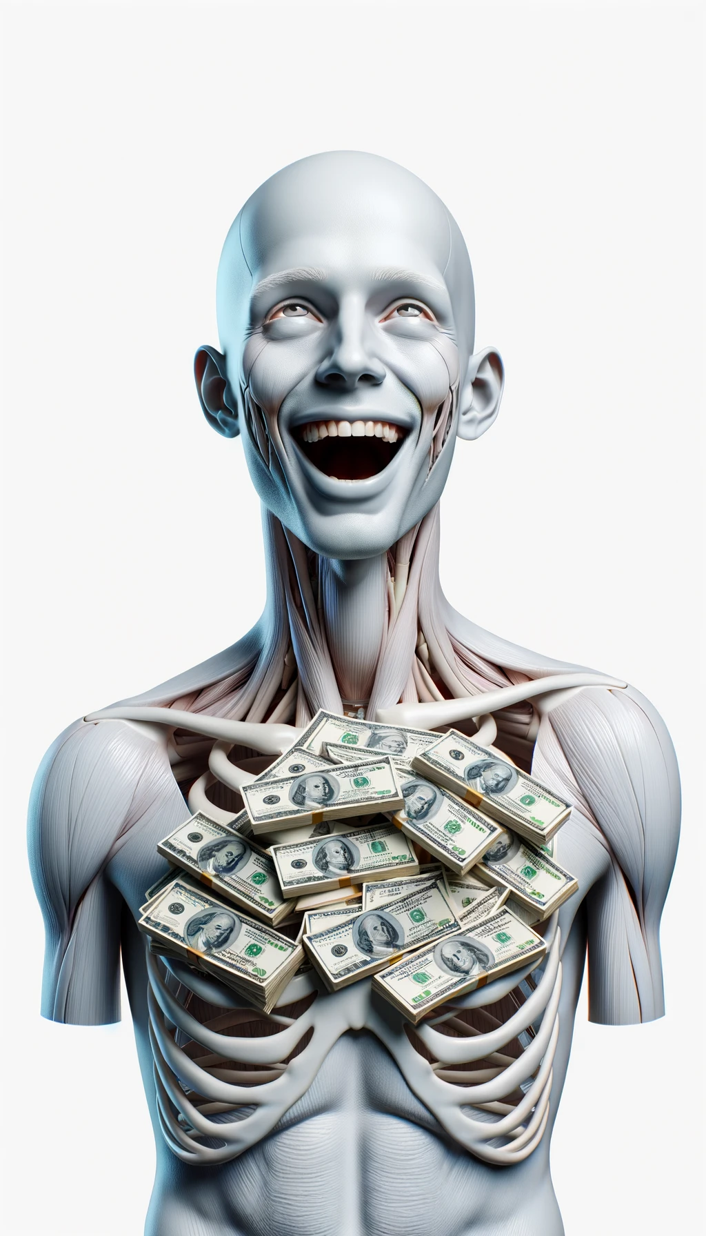 corpo umano anatomico sereno e felice con una montagna di banconote davanti al viso, espressione stupita, iperrealistica 4k, isolato su sfondo bianco emoji