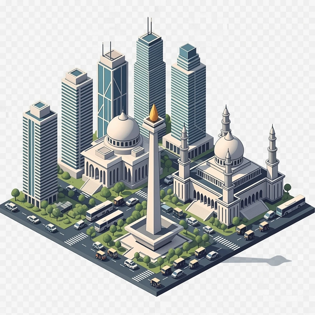 Isometric minimalistic illustration of Jakarta Monas (National Monument), Istiqlal Mosque, skyscrapers of Sudirman CBD, bustling streets with traffic and tuk-tuks, subtle 3D miniature effect and Tilt Shift effect, no cartoonish look, transparent background. emoji