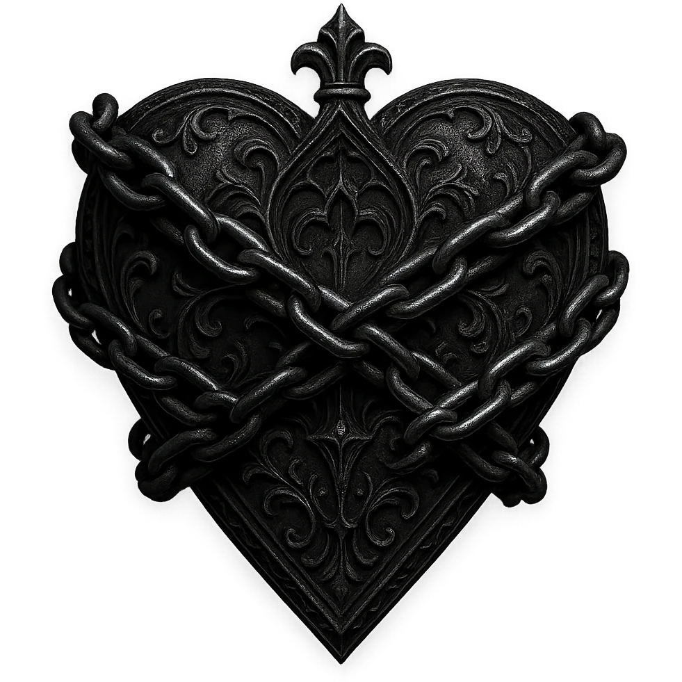 gothic style heart wrapped with a black and silver chain, gothic aesthetic, transparent background emoji