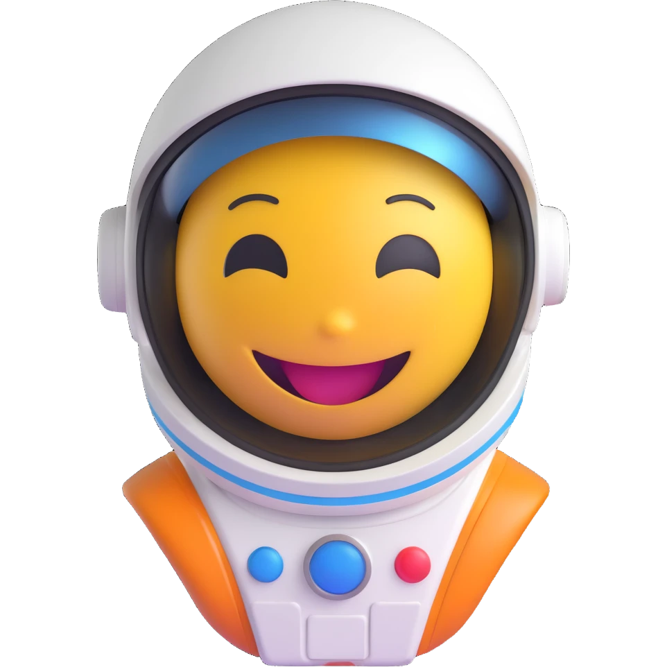 3D smiley emoji, round shape, astronaut: in spacesuit, helmet, funny face emoji
