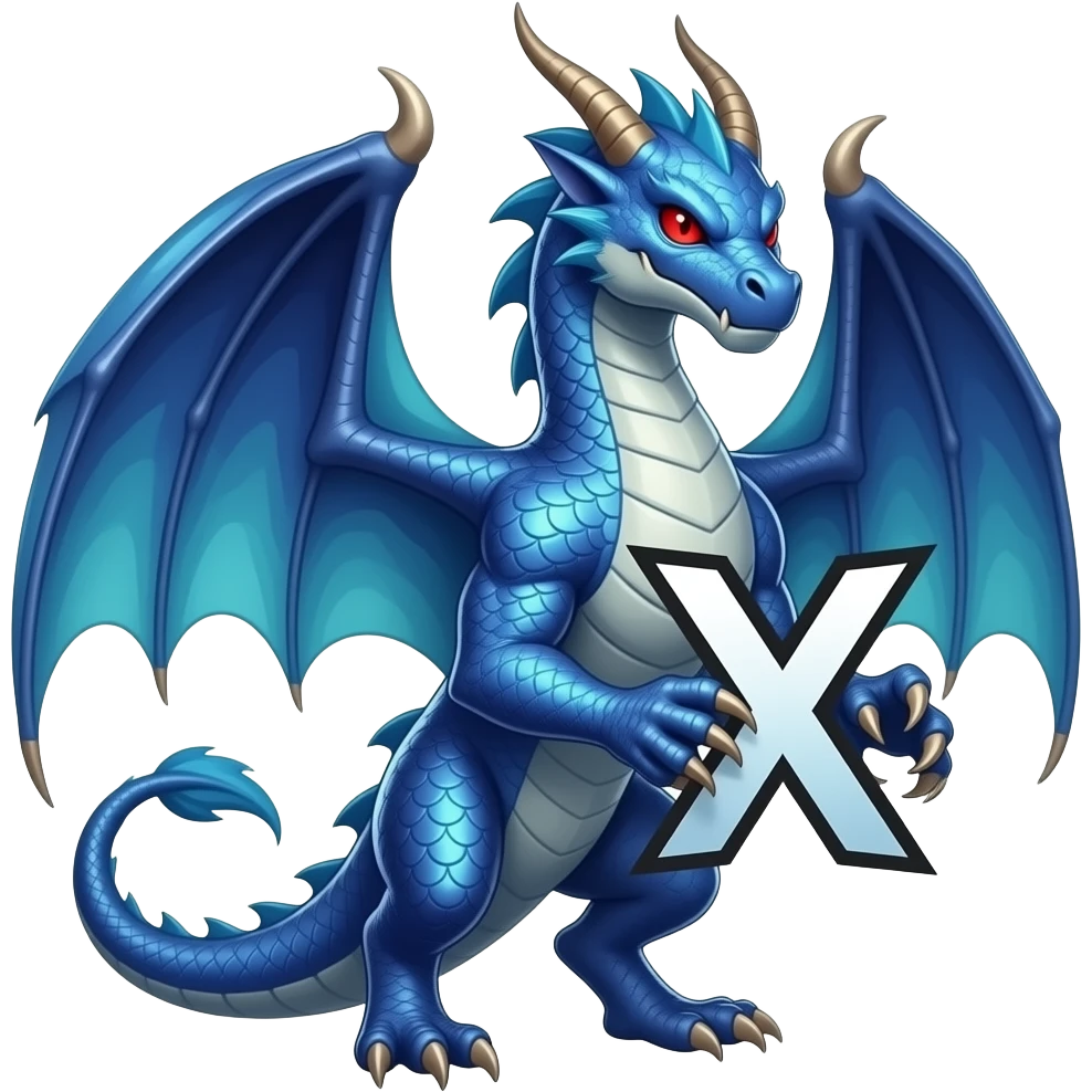 Blue dragon looking right holding X logo emoji