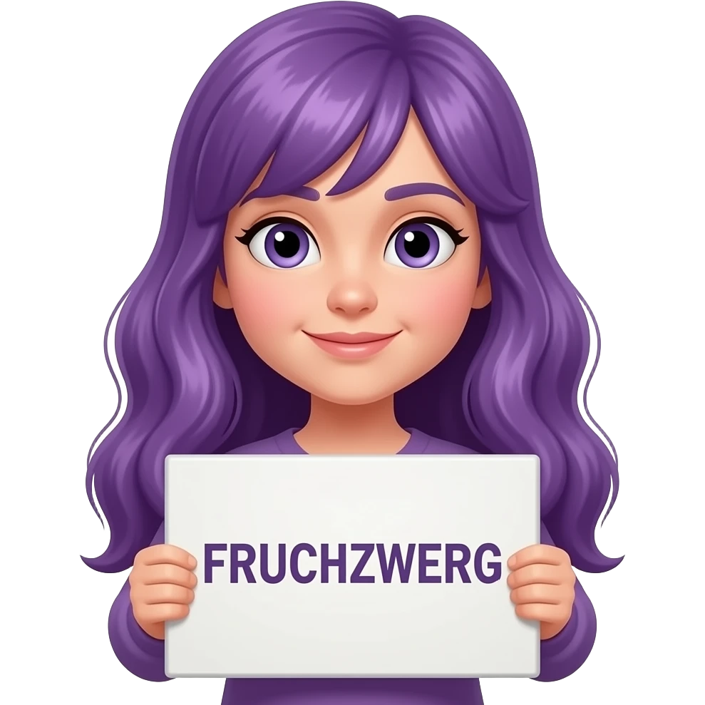 girl with long purple hair holding a SIZE is relative to me... I'm more of a FRUCHTZWERG sign emoji