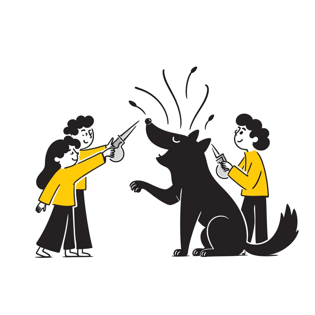 people in yellow shirts spraying water on an anthro black wolf emoji