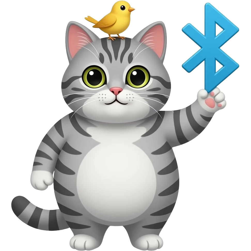 a cute loveable fat gray tabby cat with a small yellow bird on his head, holding up a bluetooth symbol. the image must be a transparent .png. no light or dark border or outer glow or stroke around the image contour emoji