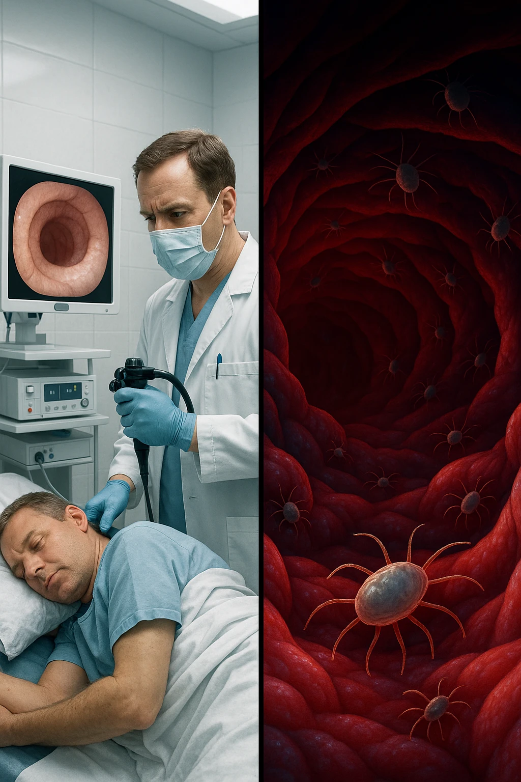A split-screen medical illustration in cinematic style: on the left side, a doctor performing a colonoscopy on a patient in a sterile clinic, with the endoscopic camera displaying clean, healthy mucosal surfaces on a screen. On the right side, a symbolic cross-section of the same intestine — but shown in deeper layers beneath the surface, where parasitic organisms (small, translucent or shadowy figures) hide between folds and tissues not visible via standard scope. The contrast is clear: what is seen vs. what remains hidden. Lighting on the left is bright, sterile, clinical; lighting on the right is darker, with red and blue tones to suggest inflammation and invasion. Shot in hyper-realistic 3D medical style, educational but emotionally charged IN ITALIANO emoji