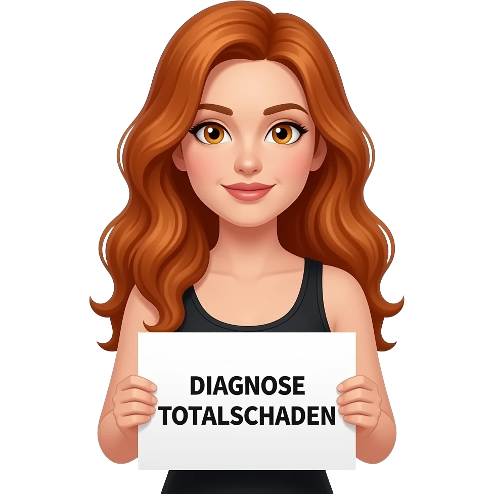sexy girl with long wavy ginger hair and ginger eyes wearing a black tanktop is holding a white sign with DIAGNOSE TOTALSCHADEN written on it emoji