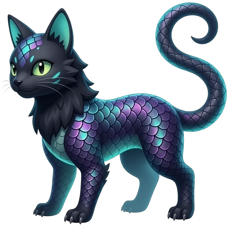 Colorful scaly flurry bioluminescent dark gloomy ghoulish spooky dull dusky translucent neon edgy cool dark edgy Latias-Sergal-Vernid-Anubis-Umbreon-Sylveon-Bastet-Fakémon-hybrid-fusion-creature, full body emoji