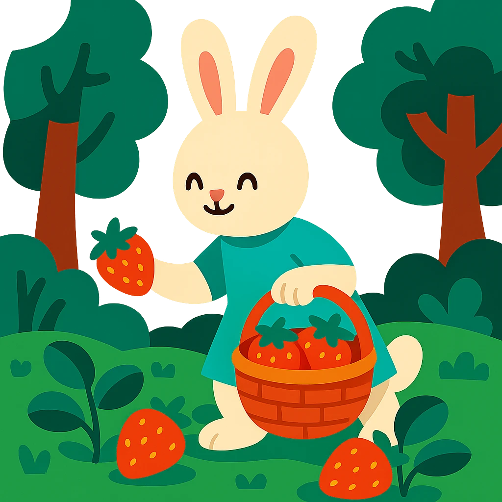 bunny picking strawberries in the woods, sweet pastel red, vibrant toon style emoji