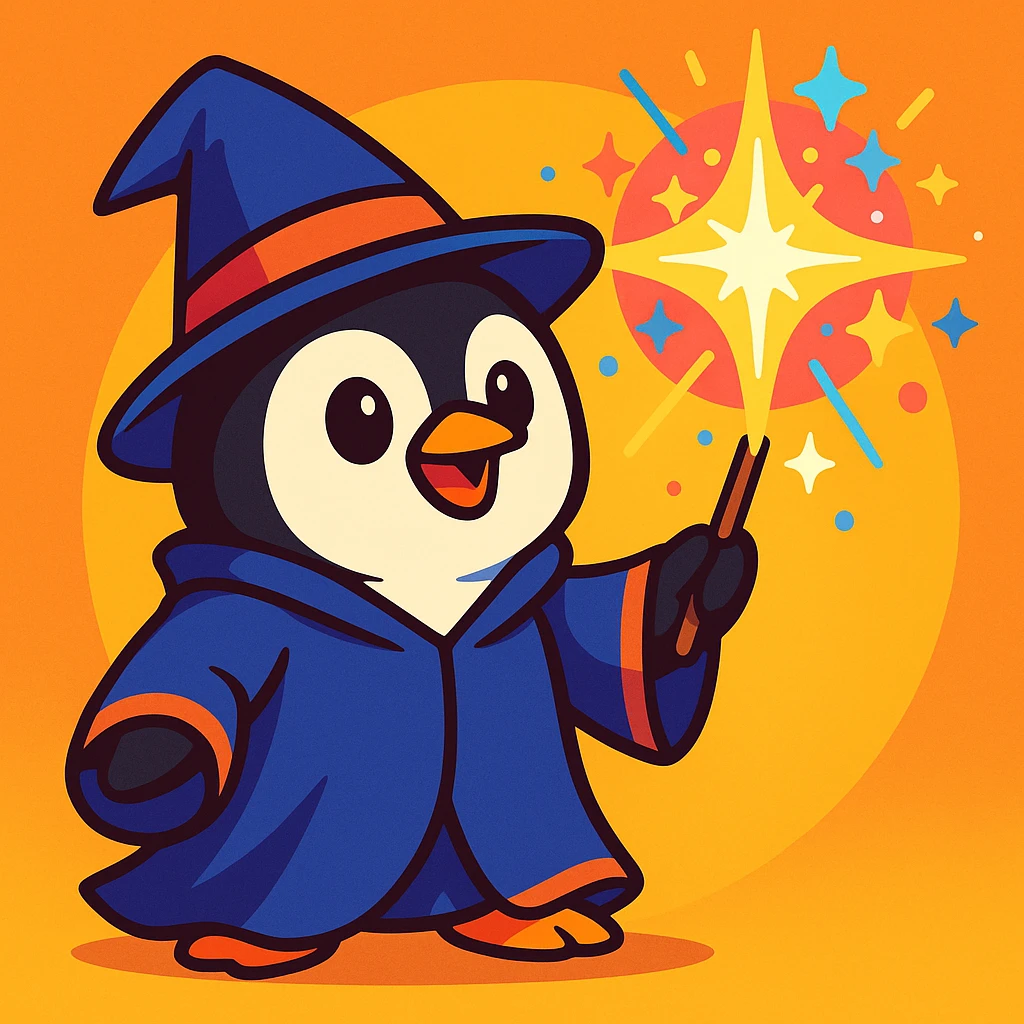 a cute penguin wizard casting a sparkling spell, wearing a robe and hat, in a colorful cartoon style emoji