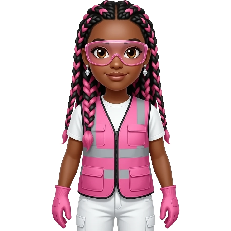 African American woman with brown eyes with long pink and black box braids wearing diamond earrings wearing pink and clear safety glasses wearing a pink construction vest wearing white pans wearing pink construction vest wearing white pants wearing pink construction gloves emoji