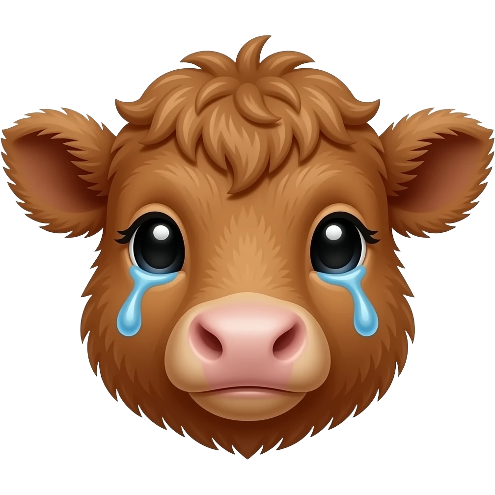 brown fluffy baby scottish cow muzzle crying with tears emoji