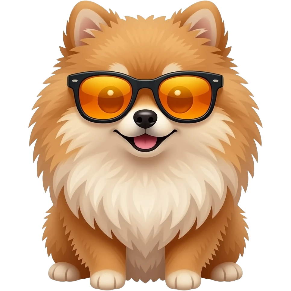 pemeranian spitz wearing sport sunglasses with orange reflecting mirror lences, with a lot of fur emoji