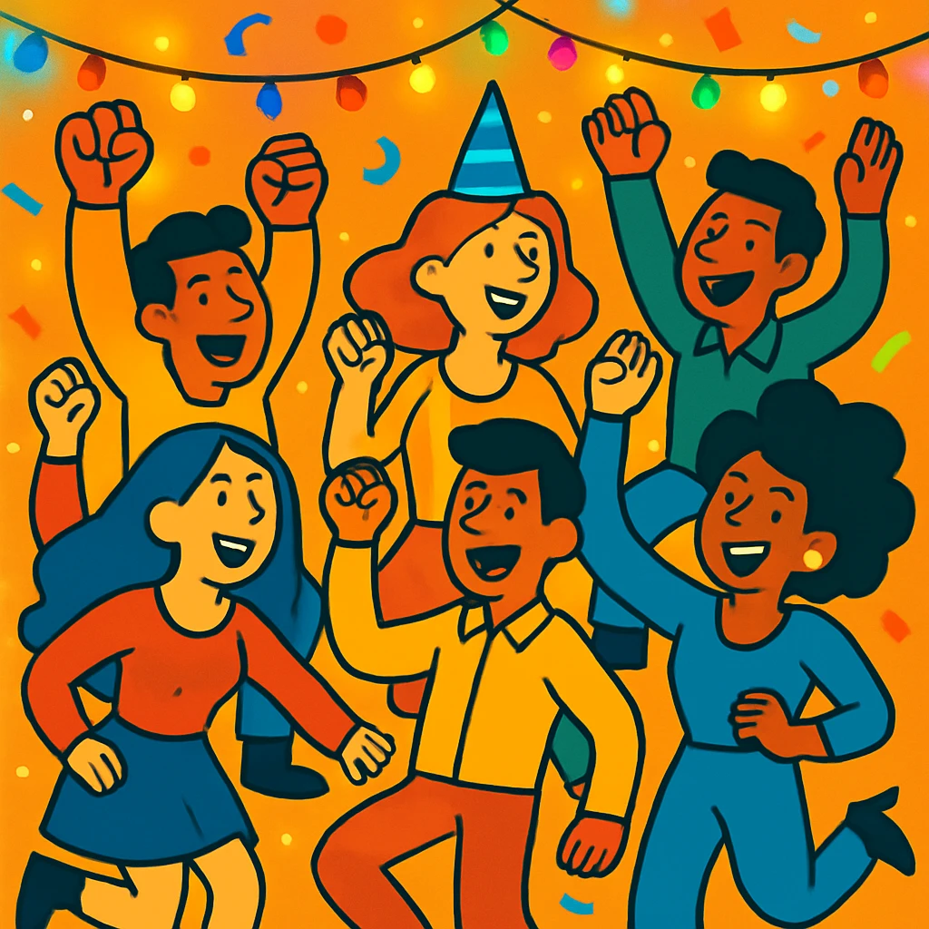 A new scene of party people jumping and cheering, vibrant cartoon style, with streamers and colorful lights. emoji