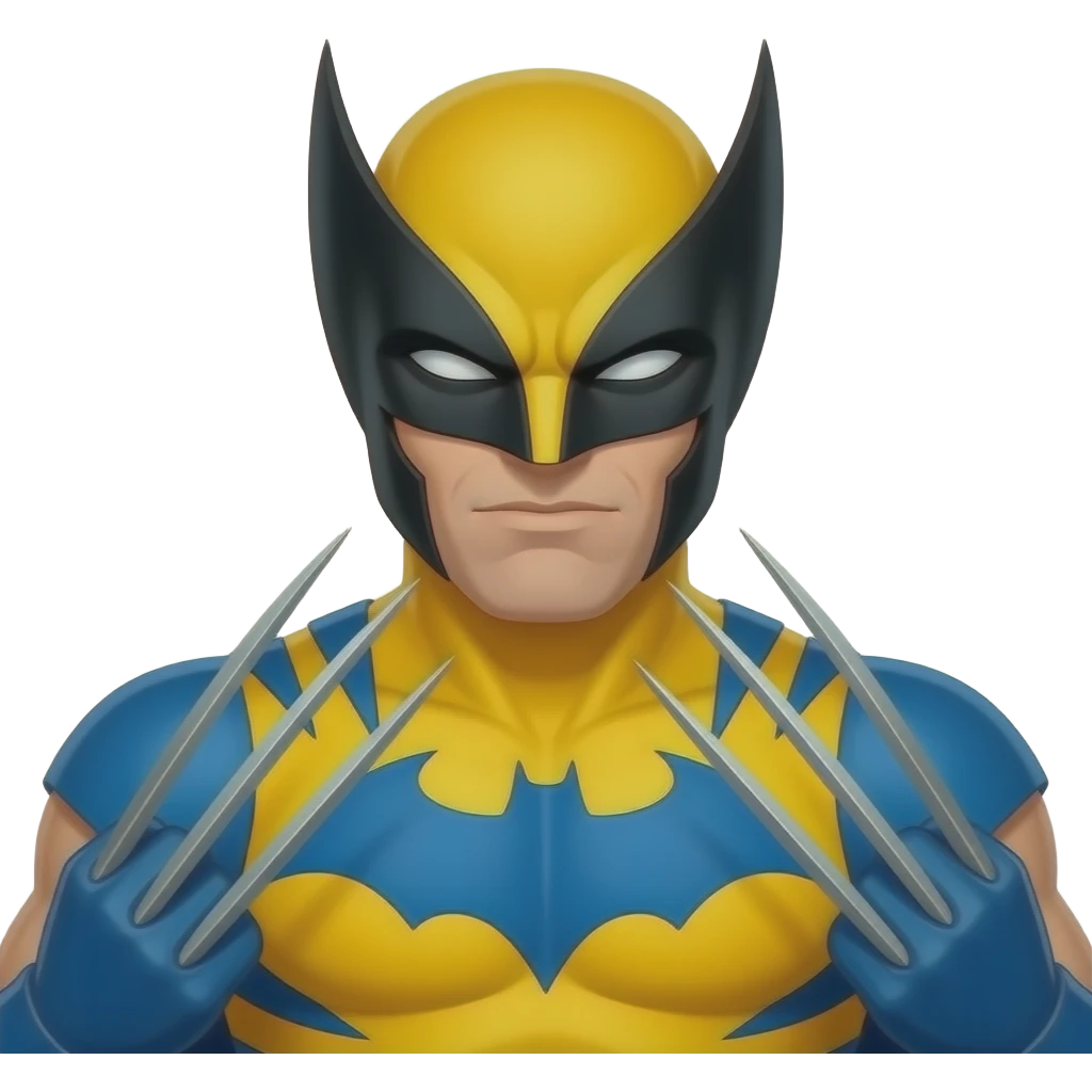 Yellow batman with wolverine claws and blue logo on chest and with yellow mask emoji
