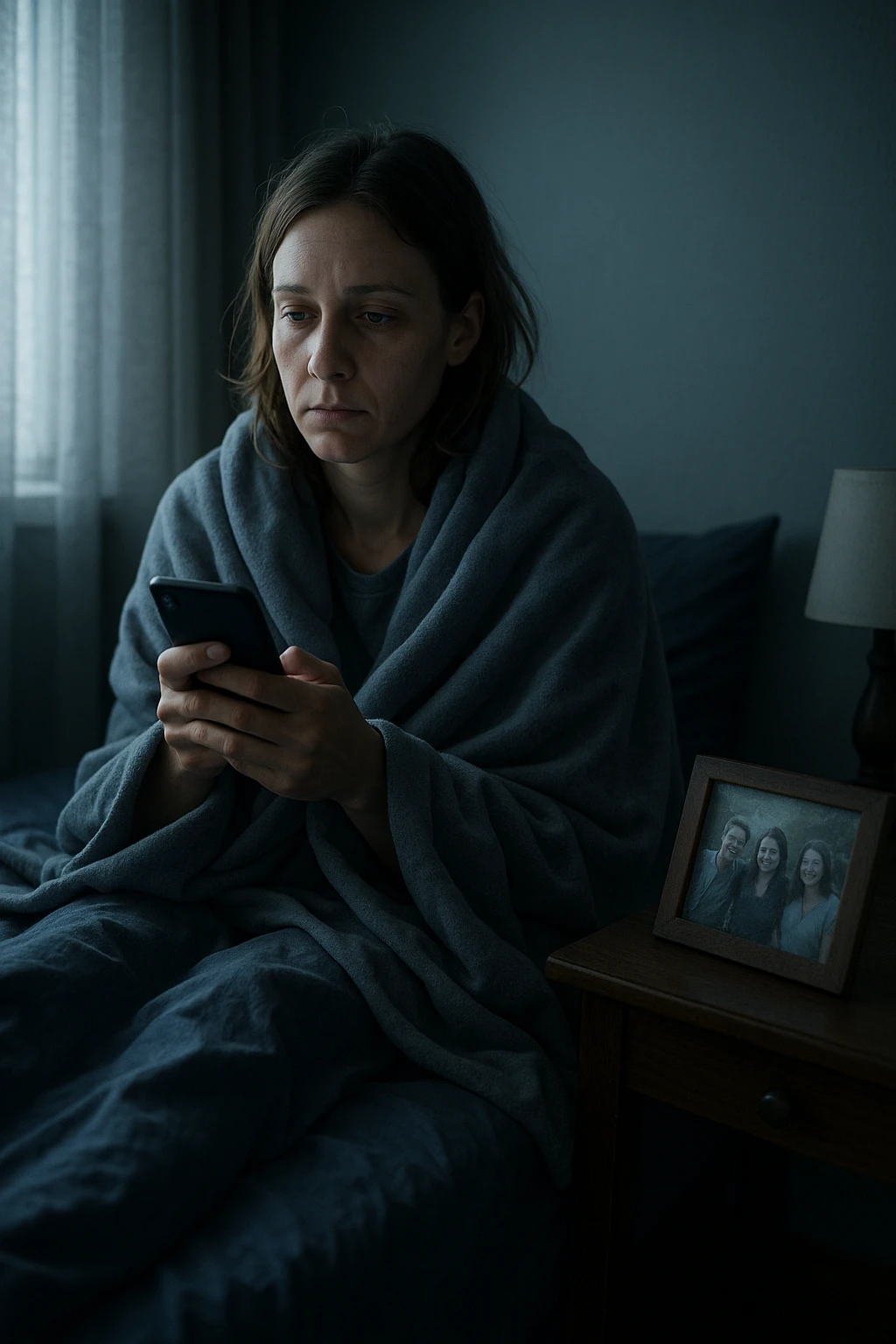 Donna tra i 30 e i 35 anni seduta da sola in una stanza, avvolta in una coperta, guarda il telefono ma non risponde ai messaggi. Sul comodino, una foto con amici, leggermente coperta dalla polvere. Sguardo perso nel vuoto. La stanza trasmette solitudine e distacco. Colori freddi, luce naturale tenue emoji