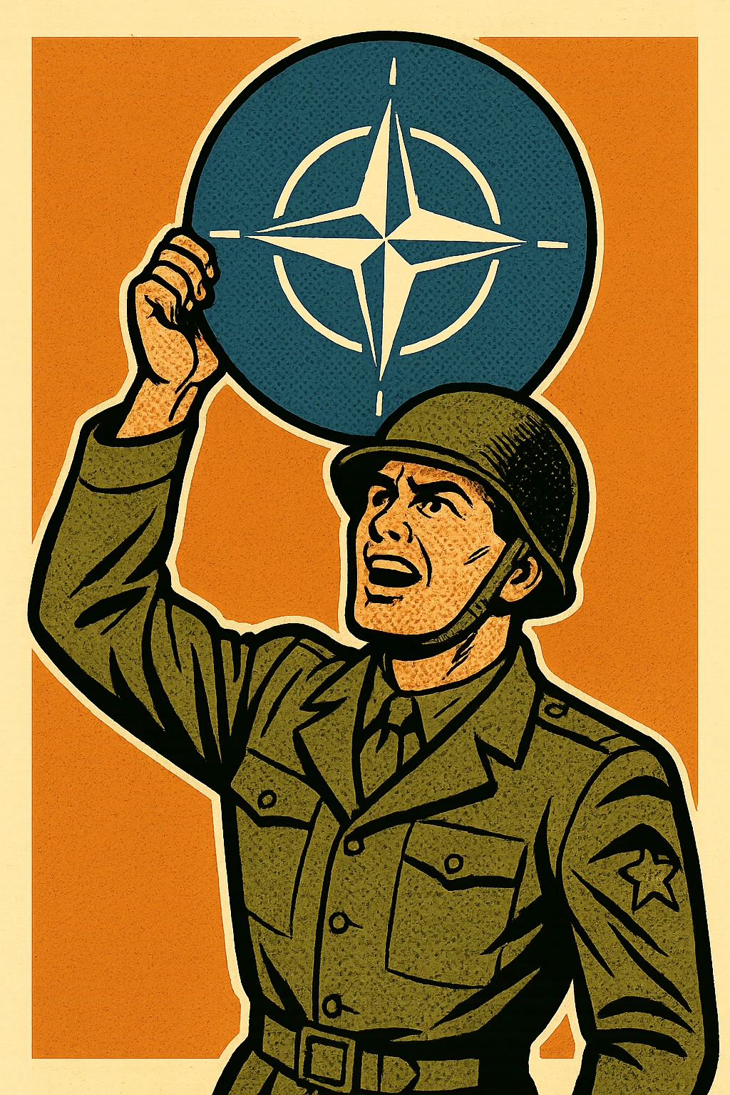 A 1940s American male soldier in uniform holding up a NATO emblem emoji