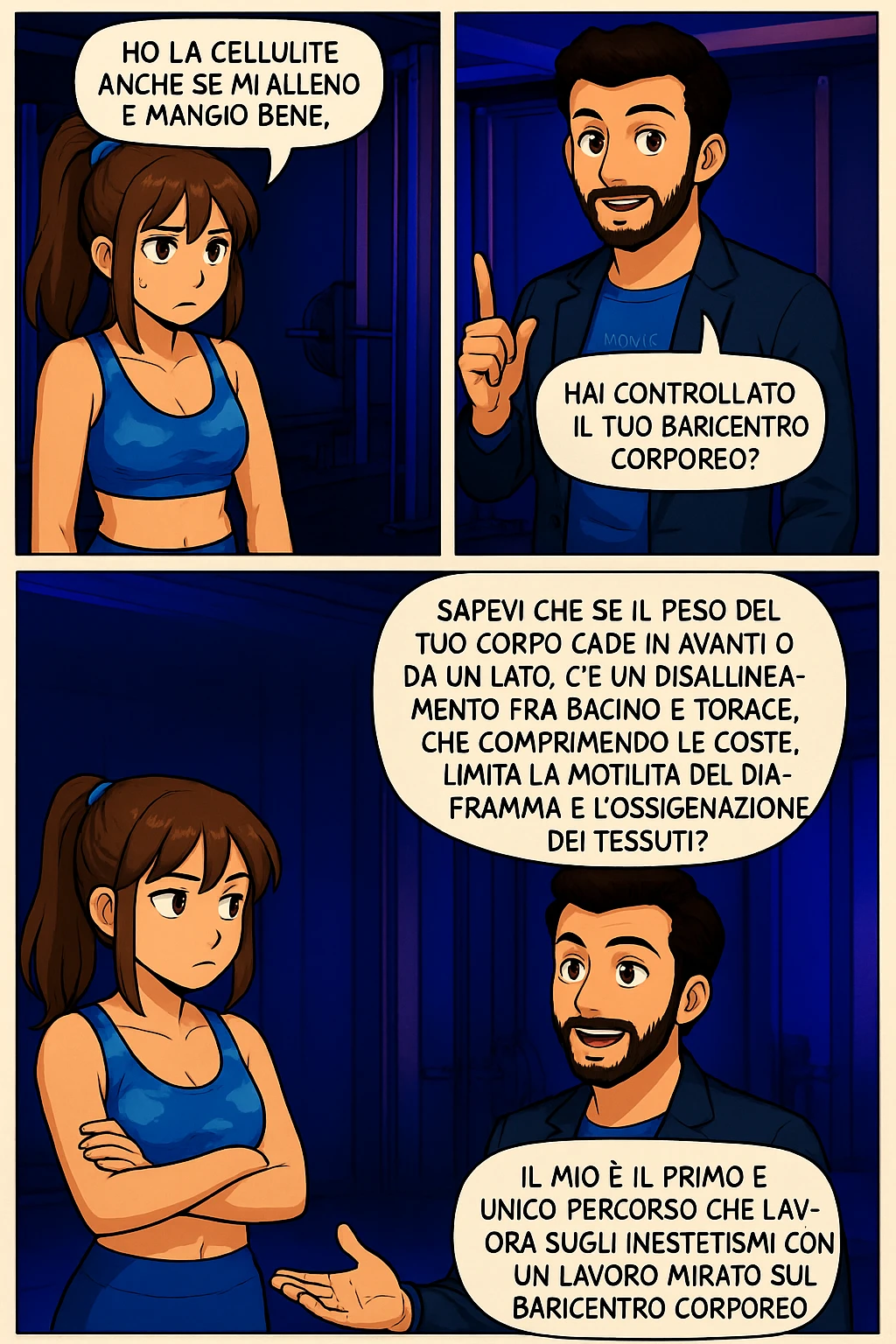 PRENDI SPUNTO DA QUESTO STILE FACENDO UN WEBTOON/MANGA:

LEI (DONNA): Ho la cellulite anche se mi alleno e mangio bene, cosa posso fare?

LUI (UOMO): Hai controllato il tuo baricentro corporeo?
LUI (UOMO): Sapevi che se il peso del tuo corpo cade in avanti o da un lato, c’è un disallineamento fra bacino e torace, che comprimendo le coste, limita la motilità del diaframma e l’ossigenazione dei tessuti?
LUI (UOMO): Il mio è il primo e unico percorso che lavora sugli inestetismi con un lavoro mirato sul baricentro corporeo. emoji