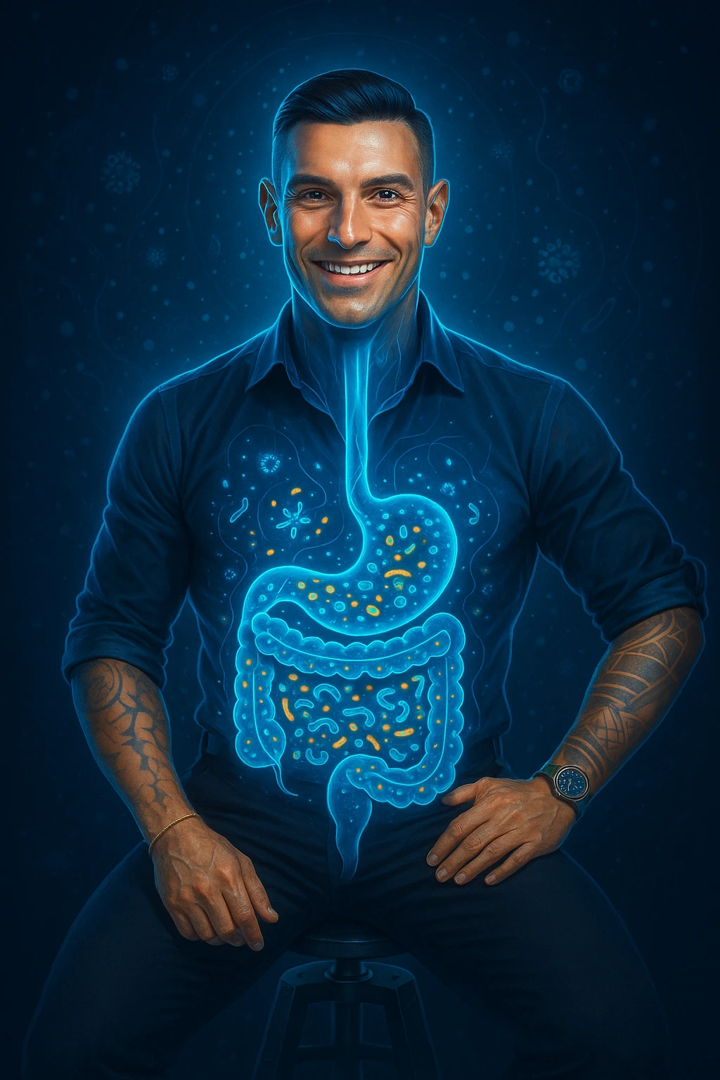 Radiant man with transparent digestive system showing diverse, thriving gut bacteria colonies in perfect balance, beneficial microorganisms glowing like constellation patterns throughout intestines, expression of optimal health and vitality, digestive tract functioning as harmonious ecosystem, immune system strengthened by microbial diversity, energy levels at peak performance emoji