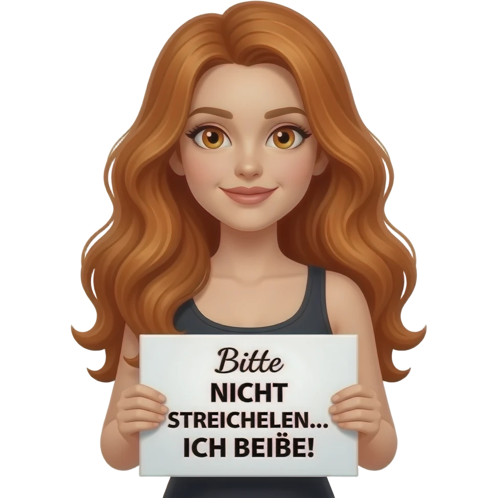 sexy girl with long wavy ginger hair and ginger eyes wearing a black tanktop is holding a white sign with Bitte NICHT STREICHELN... ICH BEIßE! written on it emoji