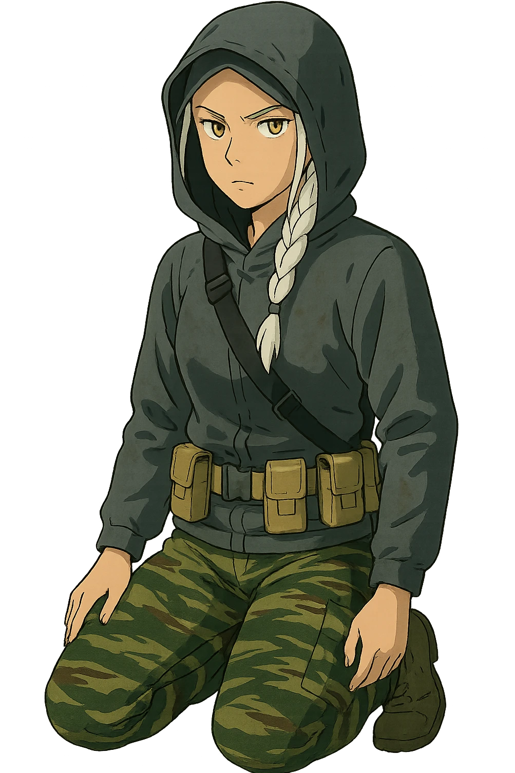 1 female, mid-20's  white hair long braid, gold yellow eyes, gray waterproof tactical shirt hoodie, hood up, single point sling, tan mag pouches on belt rig, tiger stripe camo pants, kneeling, stern focused expression emoji
