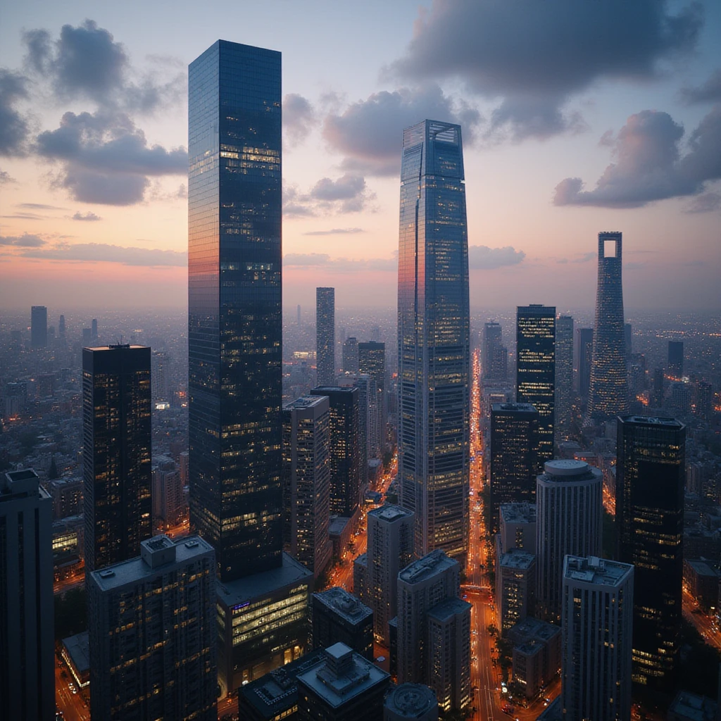 cityscape at dusk, dramatic lighting, reflective glass skyscrapers, photorealistic style emoji