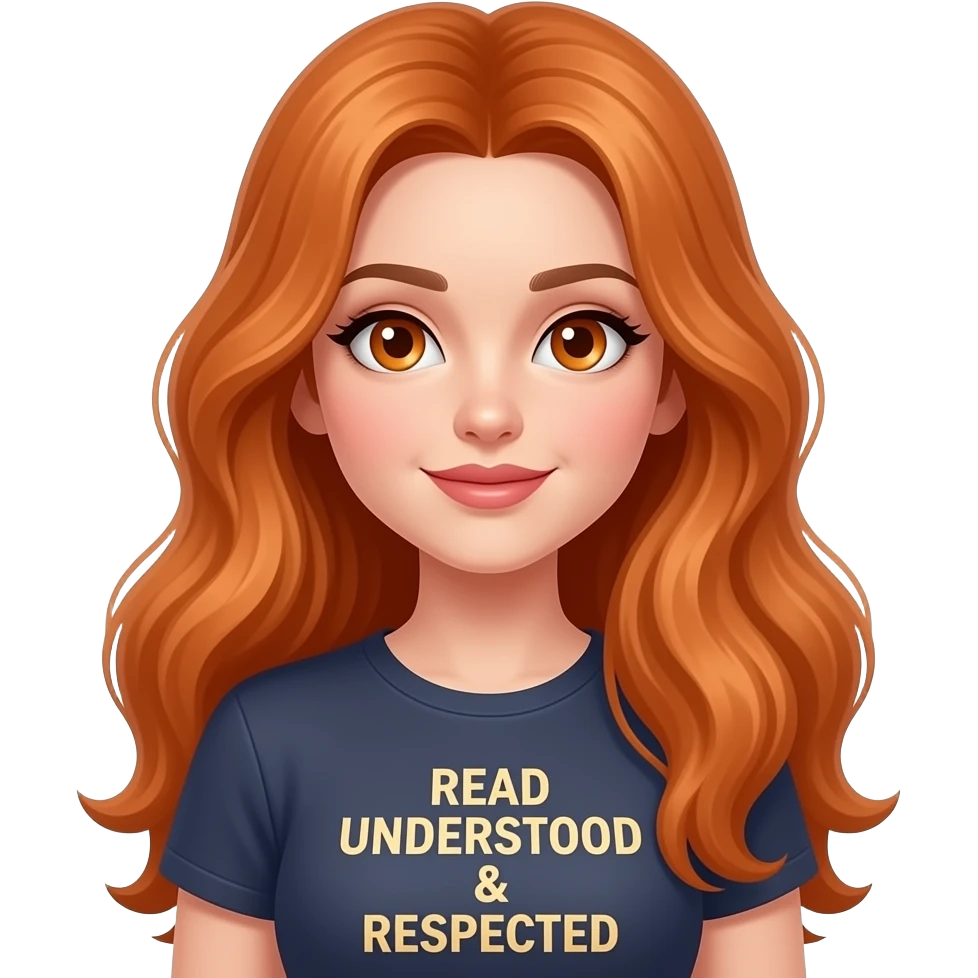 sexy girl with overlong ginger hair and ginger eyes wearing a top with READ UNDERSTOOD & RESPECTED written on it emoji