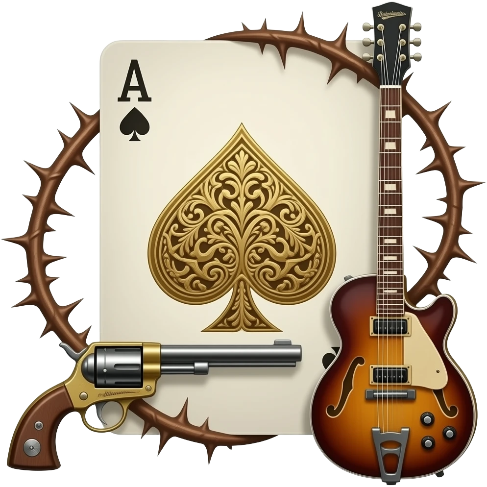 richly ornamented spade ace surrounded by tendrils of thorns and antique 1851 Navy Revolvers and Rickenbacker MODEL 4003SW emoji