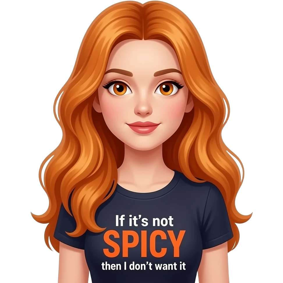 sexy girl with overlong ginger hair and ginger eyes a top with If it's not SPICY then I don't want it written on it emoji