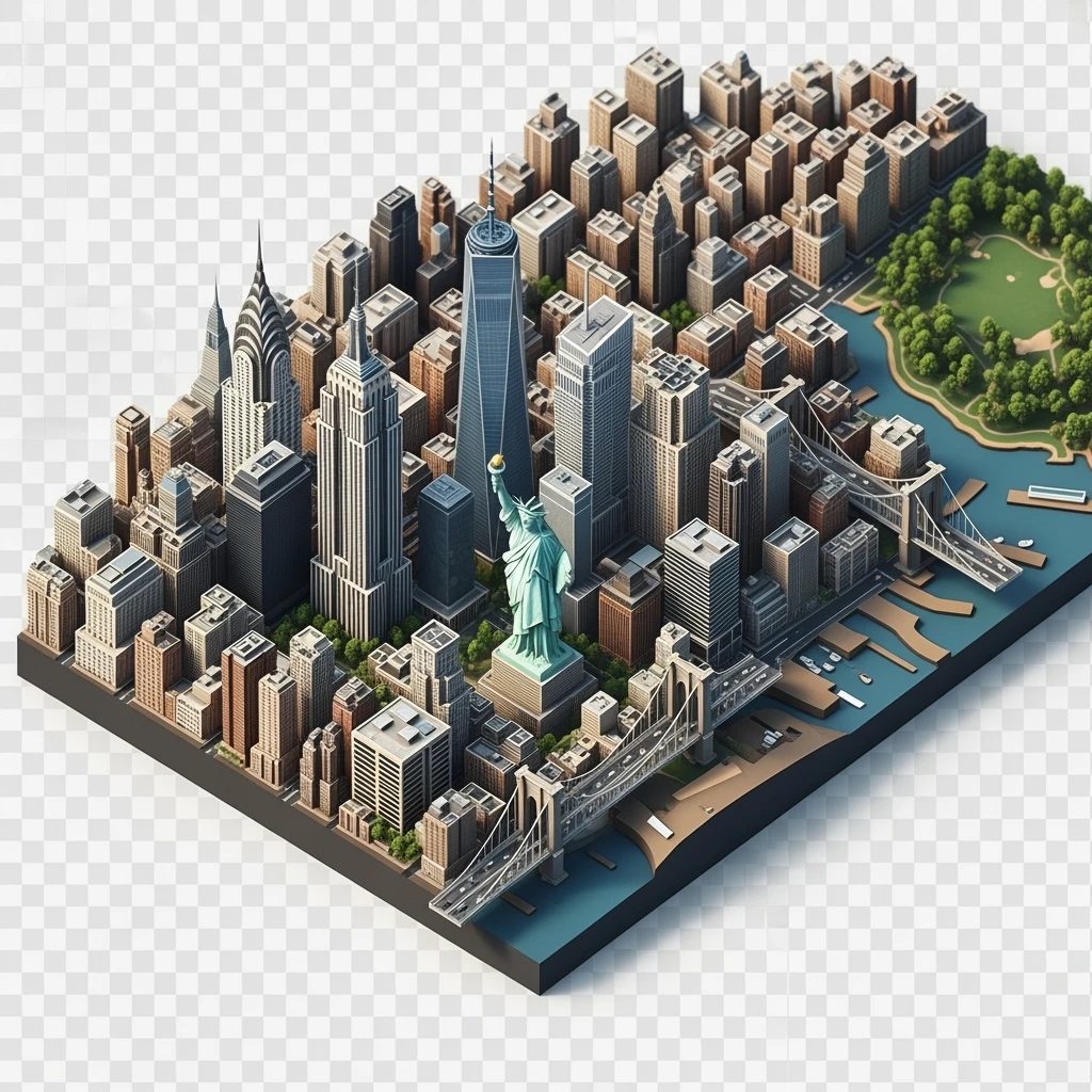 Isometric miniature of New York Сity Empire State Building, Chrysler Building, One World Trade Center, Statue of Liberty, Brooklyn Bridge, and Central Park chaotic low-rise blocks in outer boroughs 3D miniature effect and Tilt Shift effect, no cartoonish look, transparent background. emoji