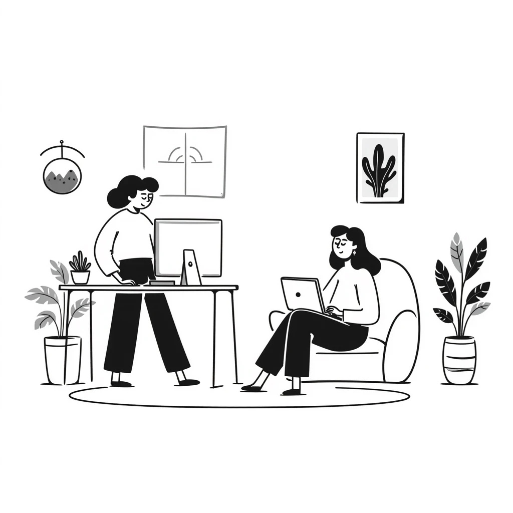 escenary 3d of a cozy mid-century living room with two people working on laptops, one man standing at a desk and one woman sitting on a couch, two walls and floor visible emoji