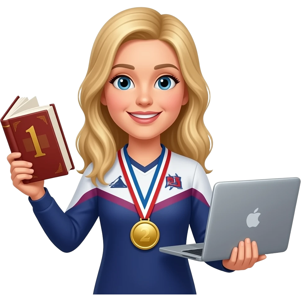 Delaney Burd as a champion with a book in one hand and a laptop in the other emoji