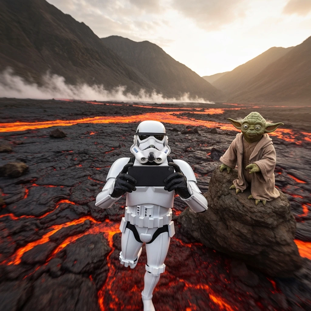 Camera POV, Starwars stormtroopers vlogging selfie, he is walking on lava planet with yoda emoji