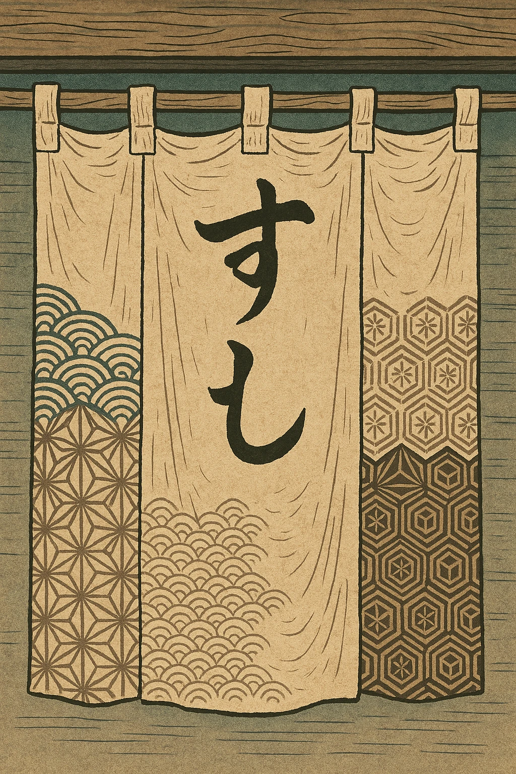 Japanese traditional fabric noren curtain, natural color cloth with black brush calligraphy writing 'Sushi', Japanese style emoji