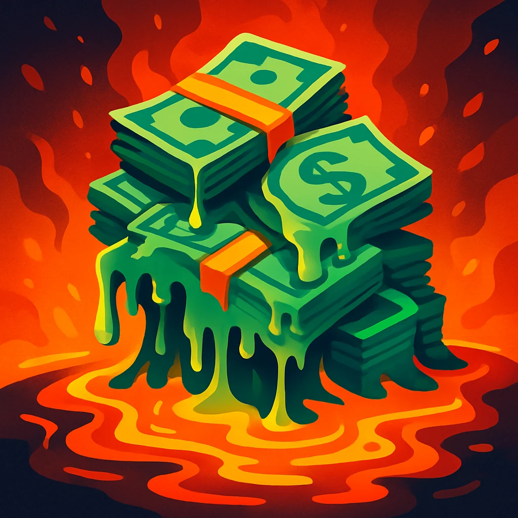 a pile of money melting into lava, vibrant colors, dramatic lighting emoji