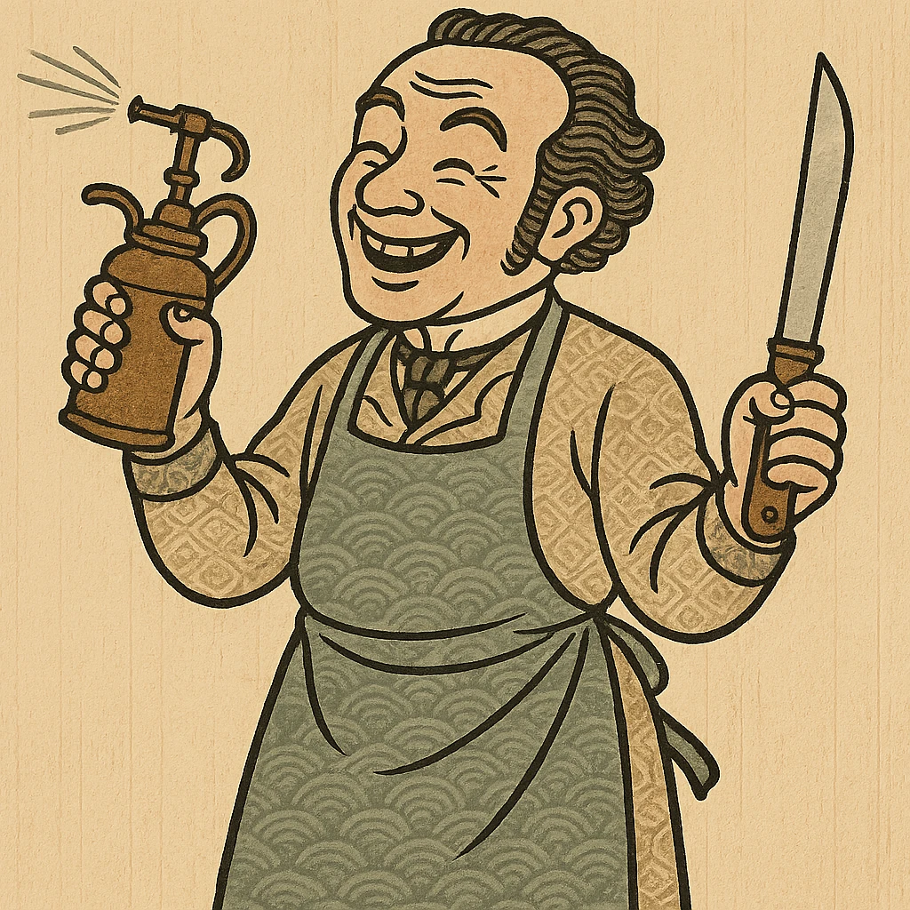 A happy victorian surgeon holding a carbolic spray in one hand and a surgeons knife in the other emoji